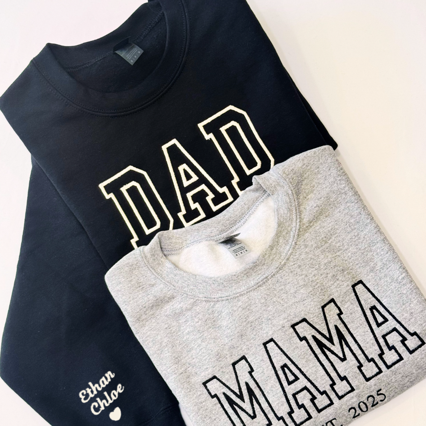 Custom Mom Dad Embroidered Sweatshirt with Kids Names on Sleeve