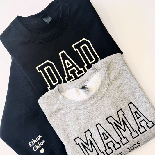 Custom Mom Dad Embroidered Sweatshirt with Kids Names on Sleeve