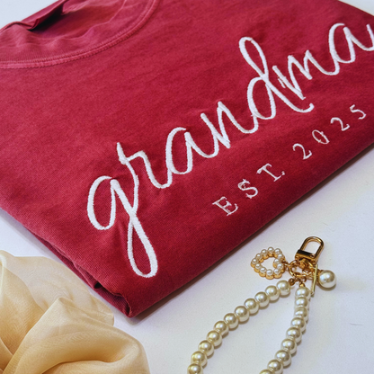 Embroidered Grandma EST Shirt – Gigi Gift, Pregnancy Reveal, New Grandma Tee